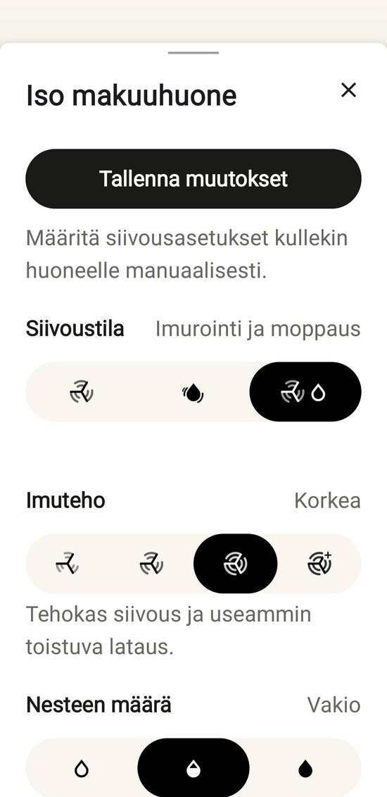 Yksittäisen huoneen siivousasetukset