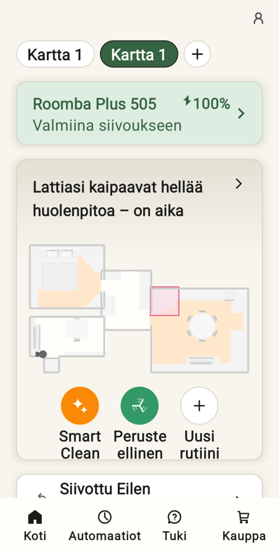 Roomban sovelluksen päänäkymä