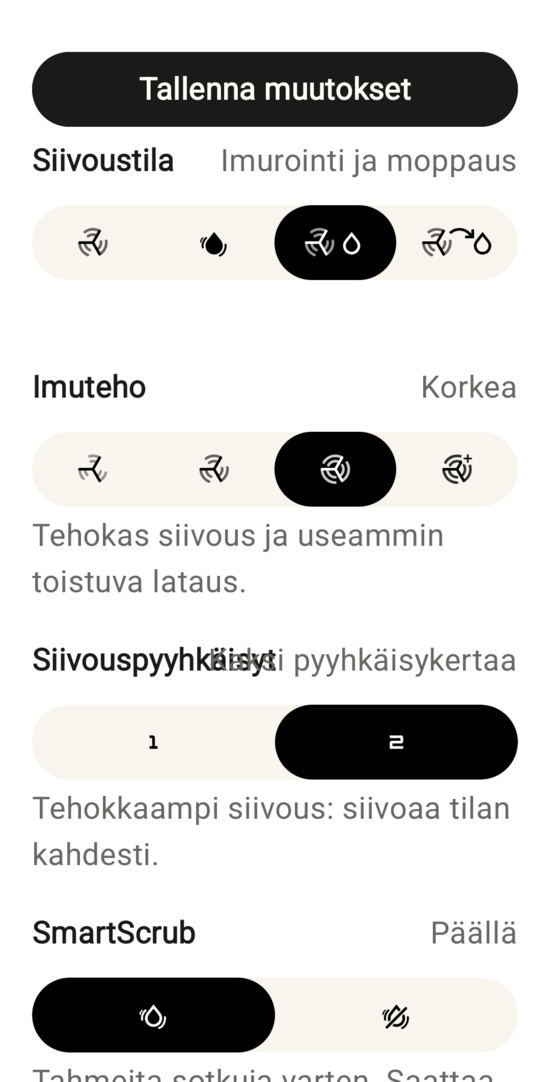 Yksittäisen huoneen siivouksen perusasetukset