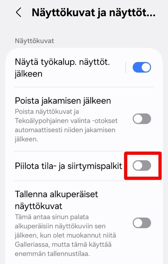 Samsungin asetus, jolla tilarivin saa pois ruutukaappauksista