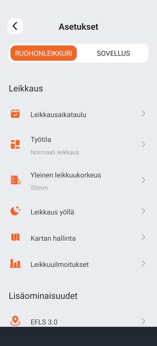 Navimowin sovelluksen asetusten valikkorakenne