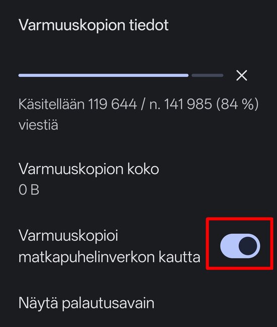 Muista kytkeä päälle varmuuskopiointi myös matkapuhelinverkon yli