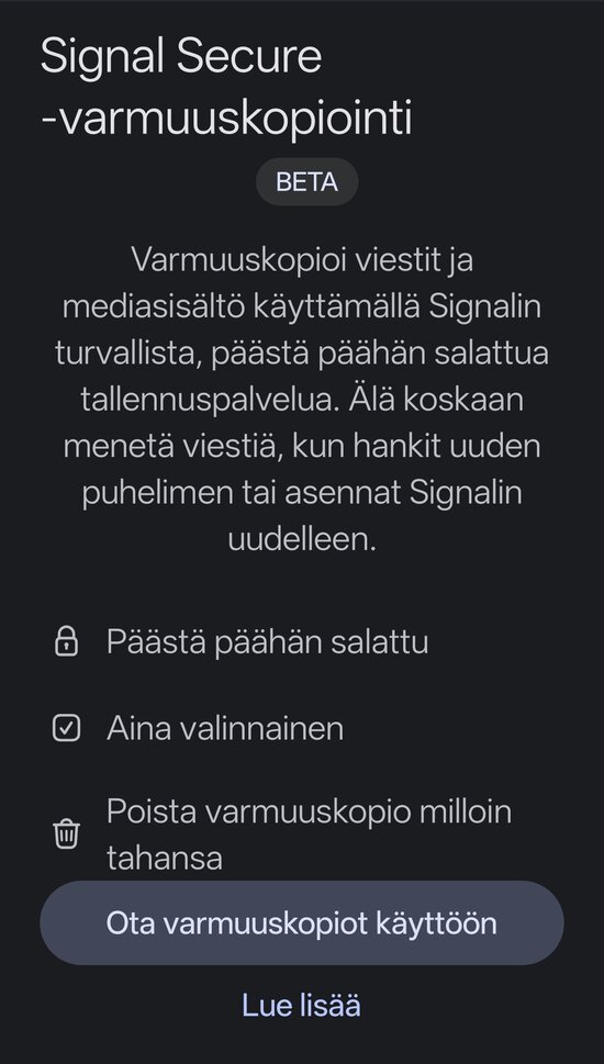 Signalin varmuuskopioinnin aloittamisen ensimmäinen näkymä