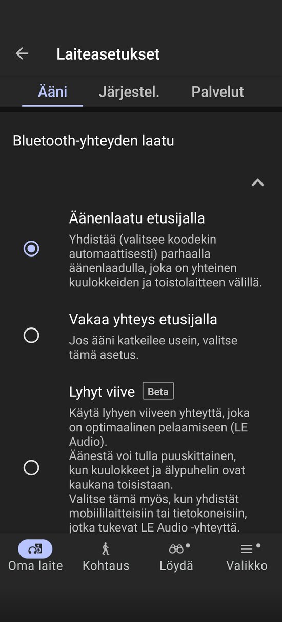 Bluetoothin yhteystyypin valinta