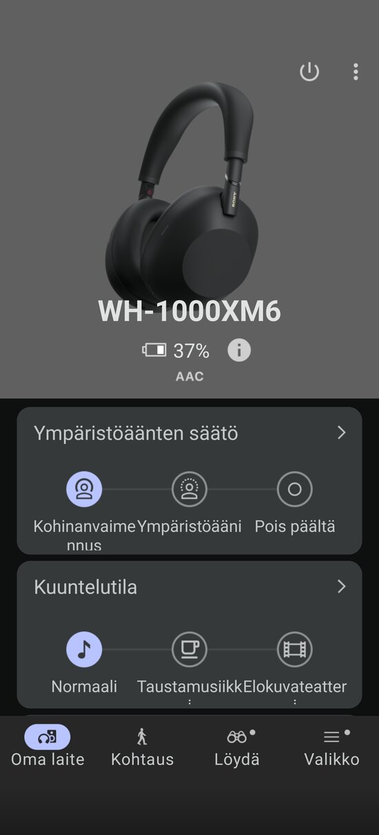 Sonyn sovelluksen päänäkymä