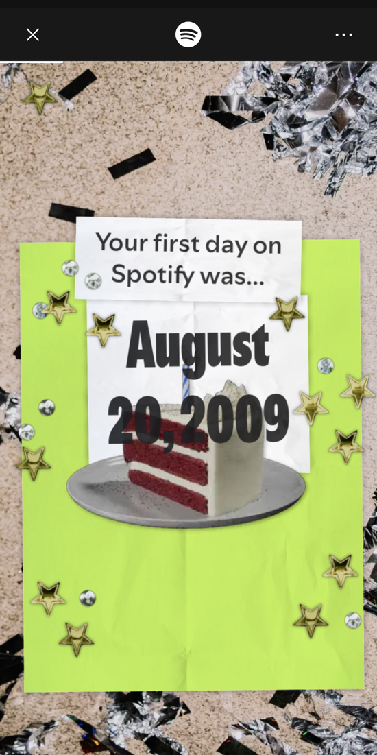 Uutisen kirjoittajan oman Spotify 20v -koosteen aloitusnäkymä, jossa näkyy Spotifyyn liittymispäivä