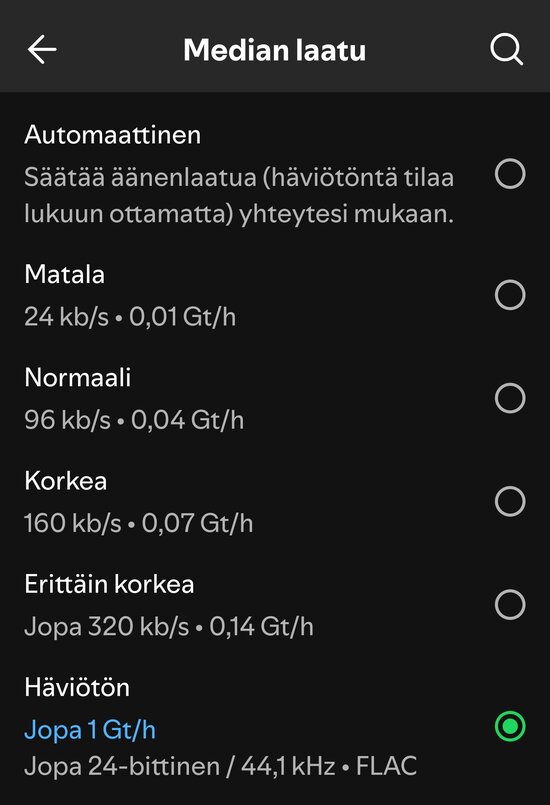 Spotify, häviötön median laatu