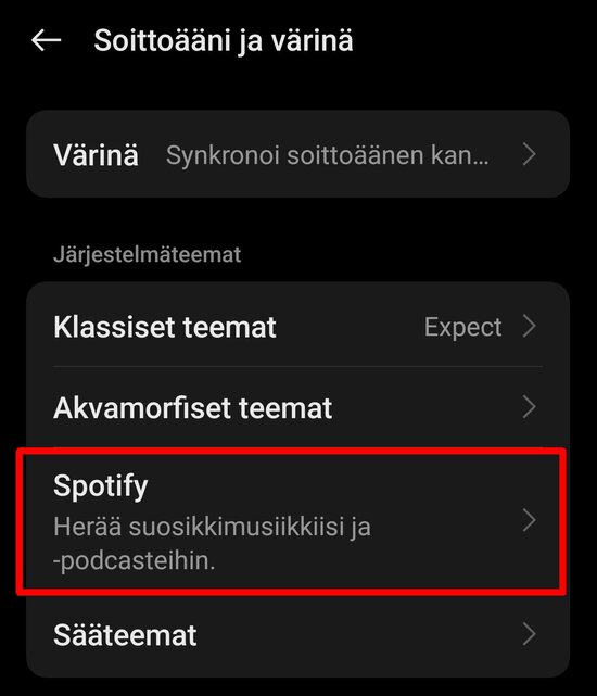 Herätysäänten valikosta löytyy kohta Spotify