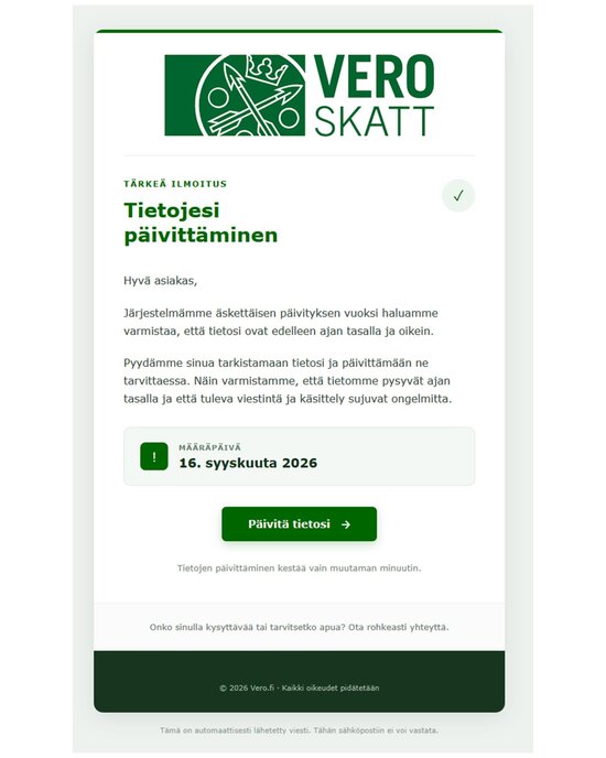 Verohallinnon nimissä lähetetty huijausviesti