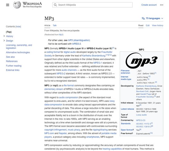 MP3-tekniikkaa käsittelevä artikkeli uudella Wikipedian ulkoasulla