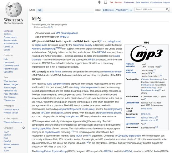 MP3-tekniikkaa käsittelevä artikkeli vanhalla Wikipedian ulkoasulla