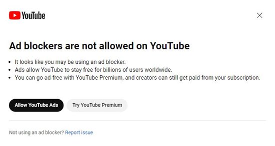 YouTuben ilmoitus, jossa sivuston käyttö on estetty mainosesto-ohjelman kanssa