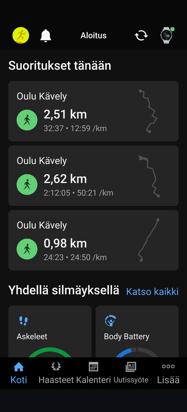 Garmin Connect, etusivu 1/3