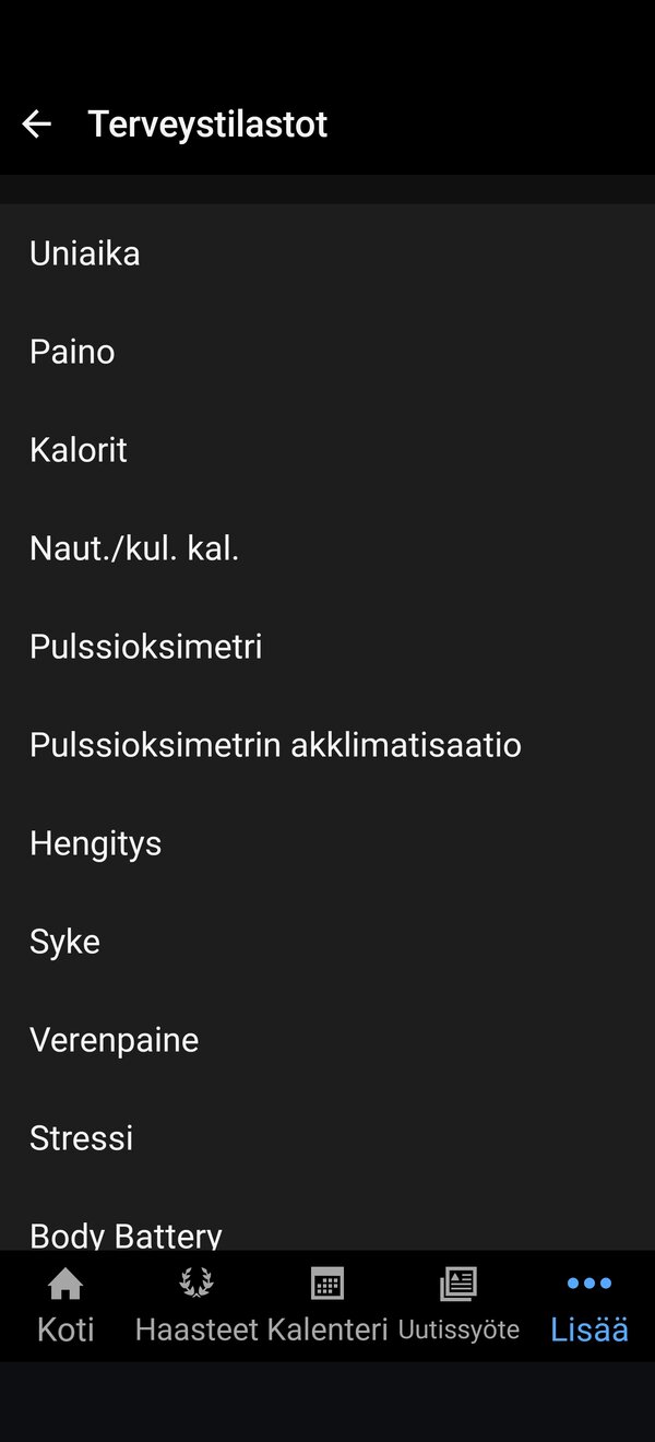 Garmin Connect, terveystietojen valikko