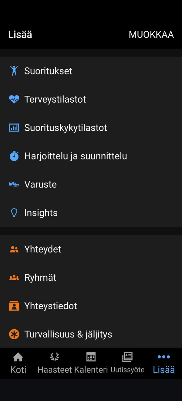 Garmin Connect, valikot