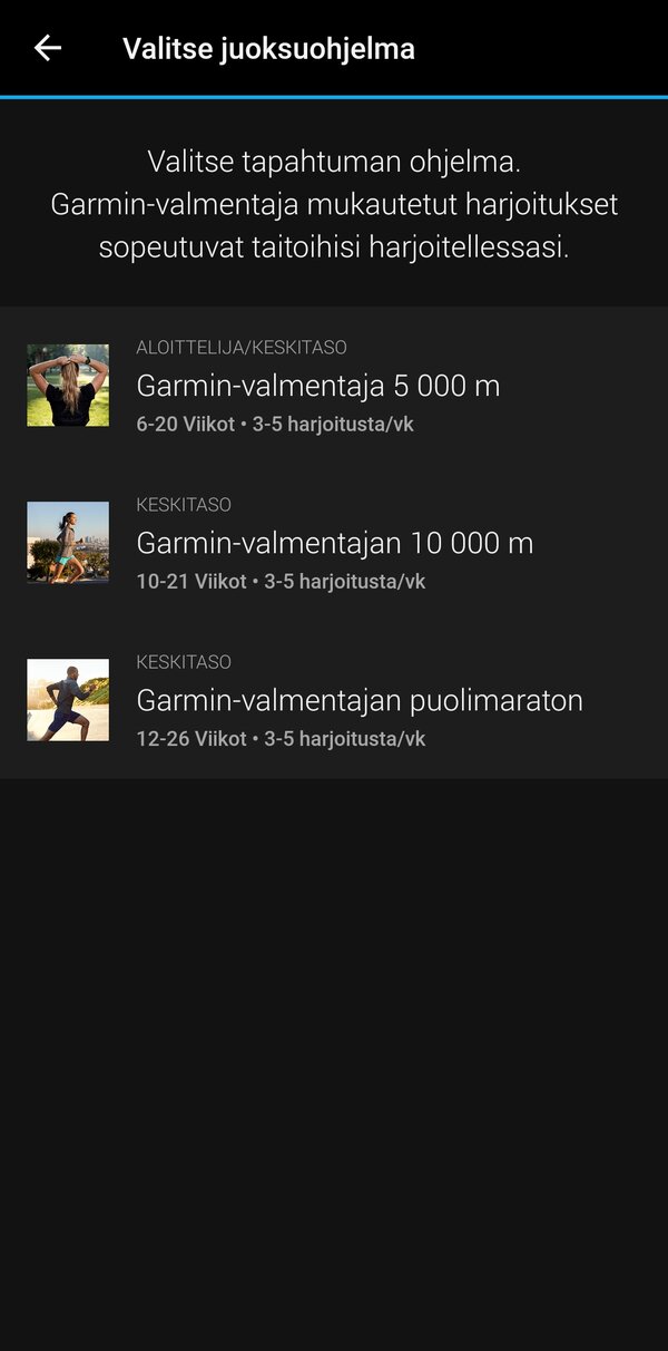 Garminin valmennusohjelmia