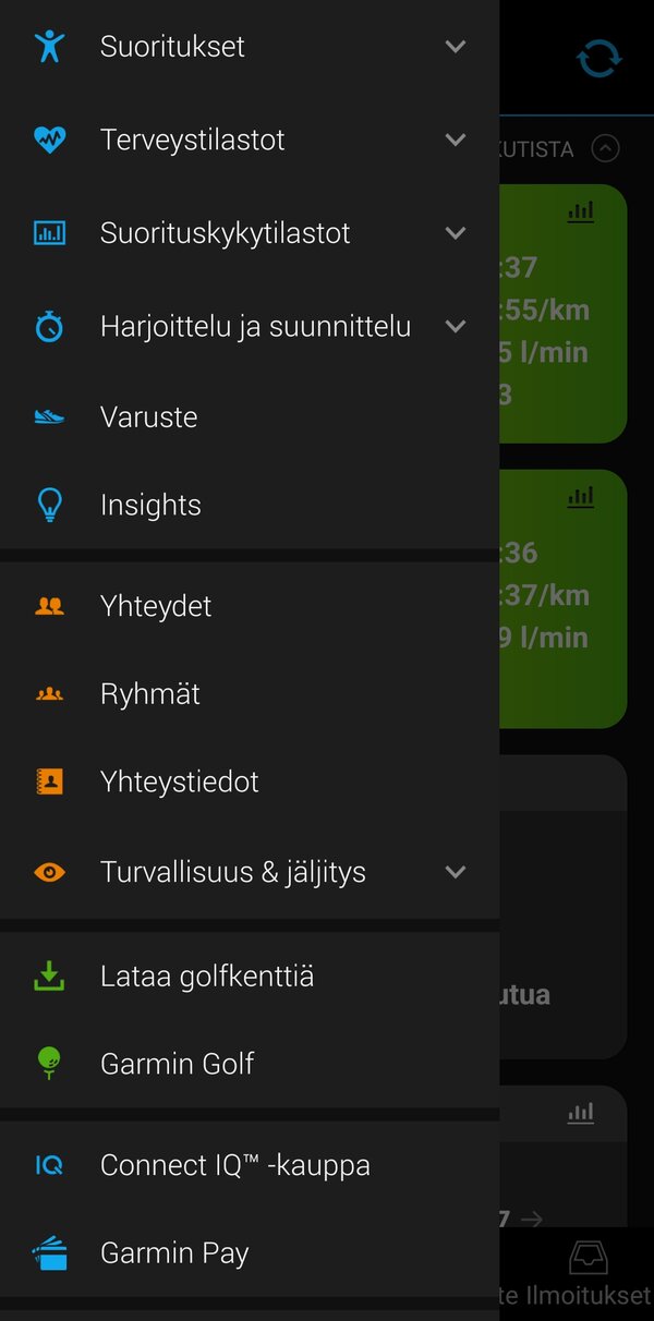 Sovelluksen valikoita