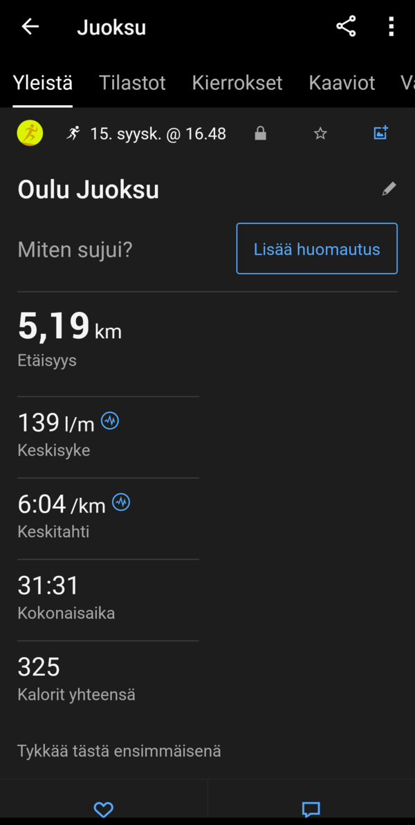 Yhden juoksulenkin statistiikkaa, ruutukaappaus 1