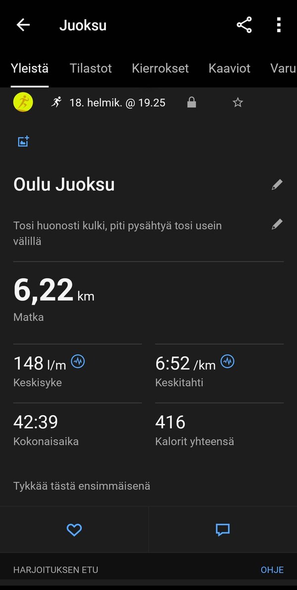 Garmin Venu 3:lla kertty yhden juoksulenkin data 1/16