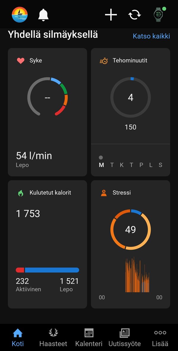 Garmin Connectin päänäkymä