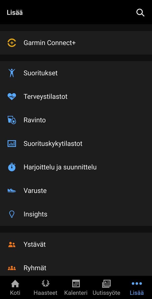 Garmin Connectin valikoita