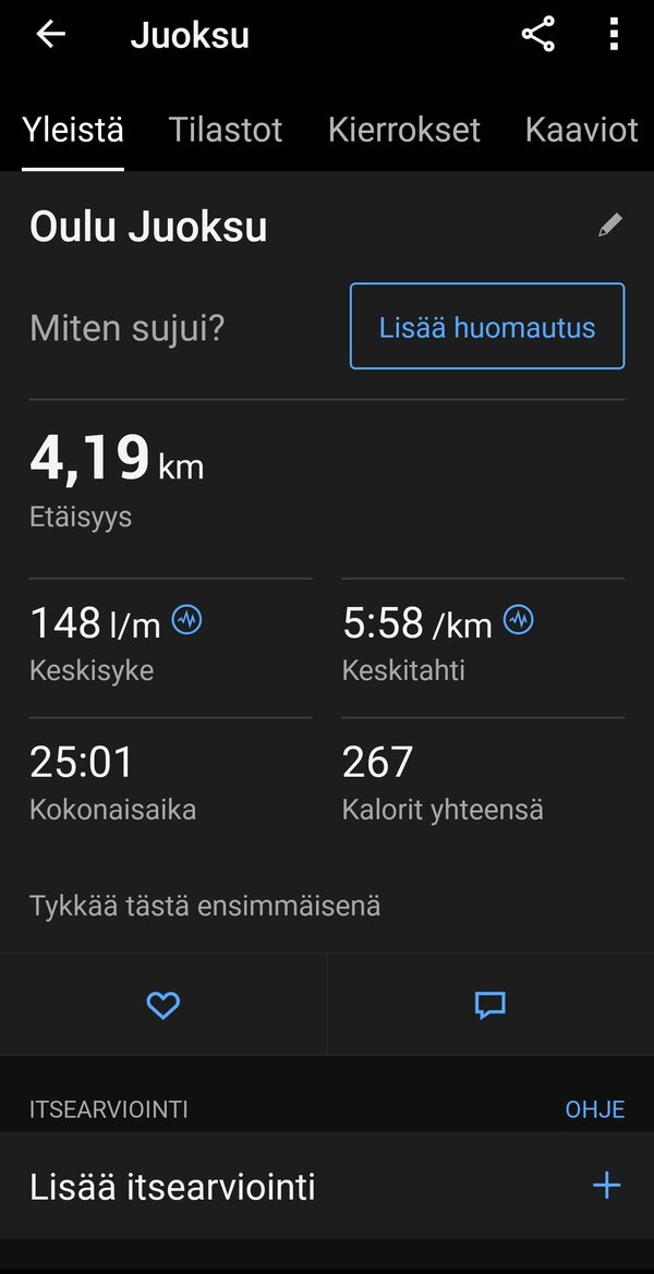 Garmin Vivomove Trendin kerm yhden juoksulenkin statistiikkaa 1/8