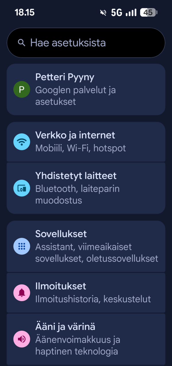 Pixel 10a:n asetusvalikoit 1/2