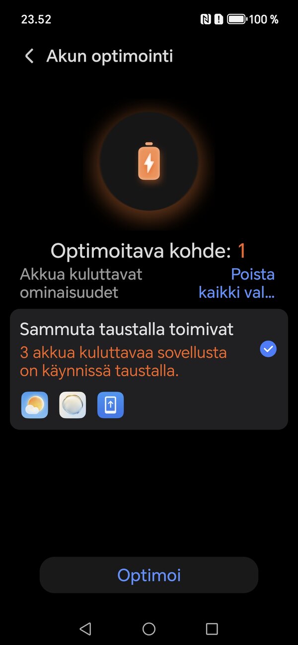Honorin akun optimoinnin asetuksia