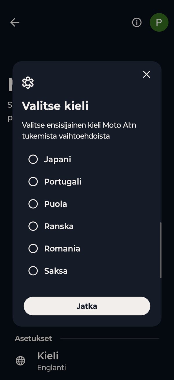 Moto AI:n kielivaihtoehtoja, joukossa ei ole suomea