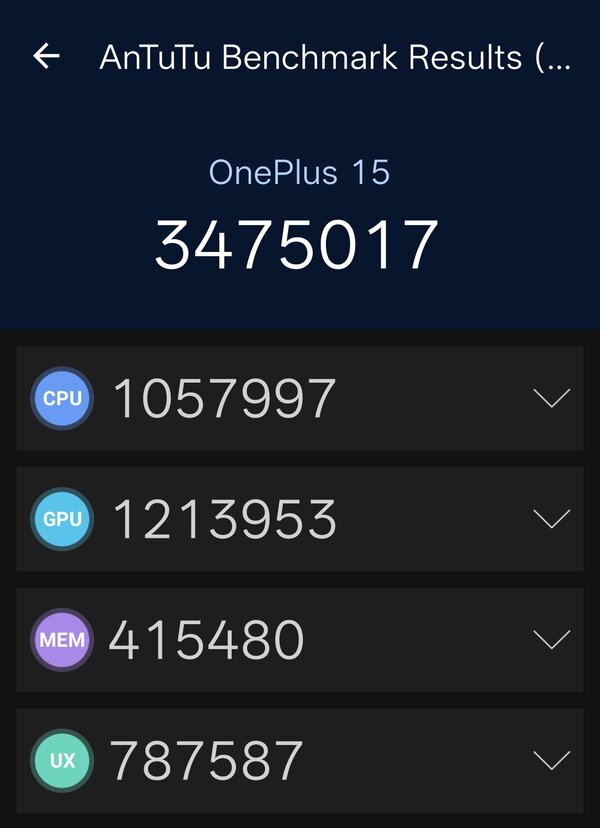 OnePlus 15:n AnTuTu-tulokset