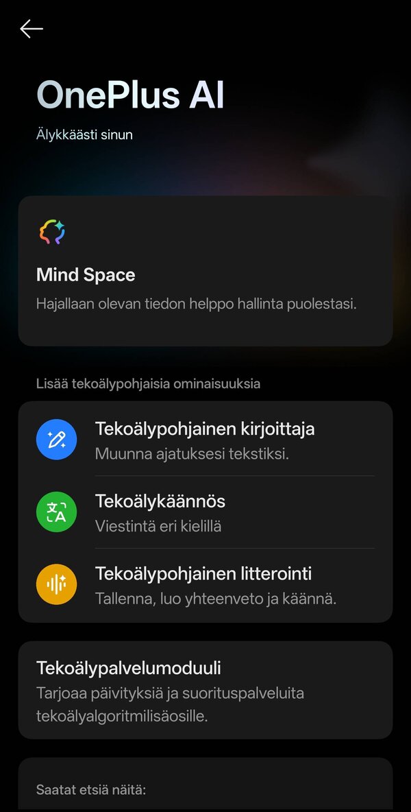 OnePlussan tekoälytoimintojen päävalikko