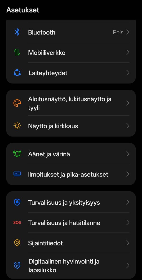 Osa OnePlussan asetusten päänäkymästä