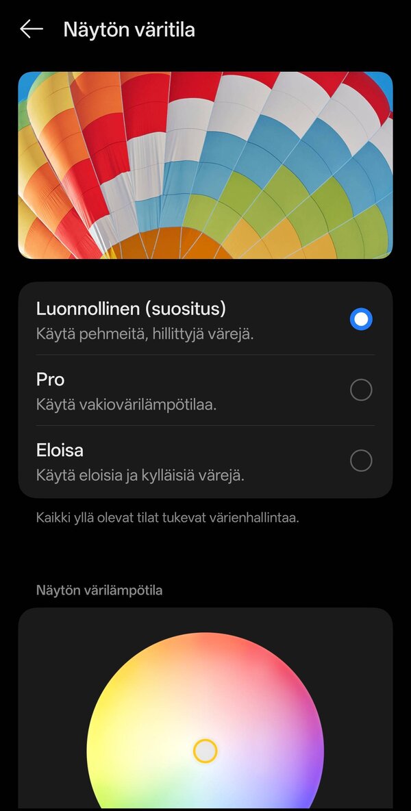 Näytön väritilan asetukset