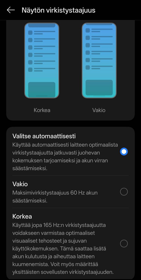 Näytön virkistystaajuuden valinta