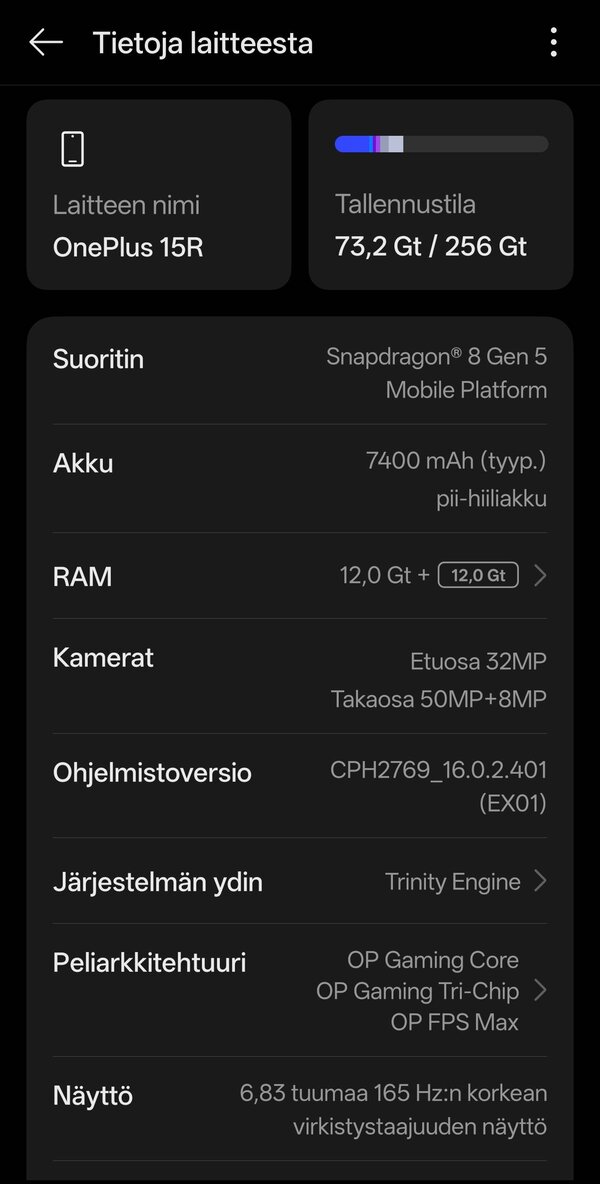 OnePlus 15R:n tekniset tiedot