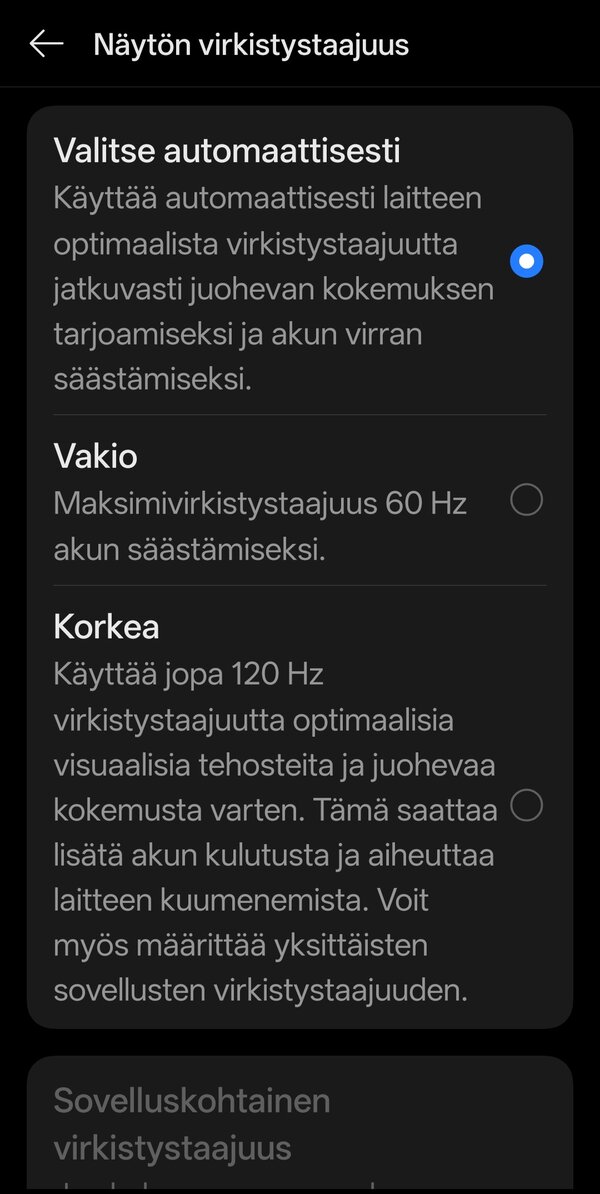 Virkistystaajuuden valinta asetuksissa