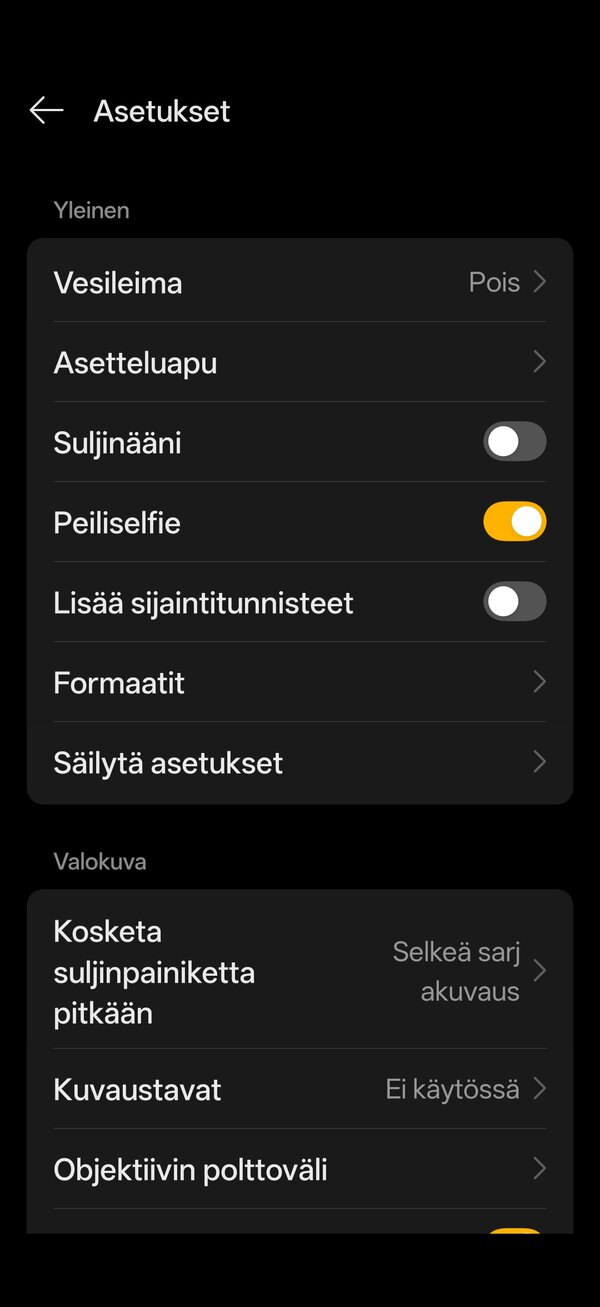 Realmen kamerasovelluksen asetuksia