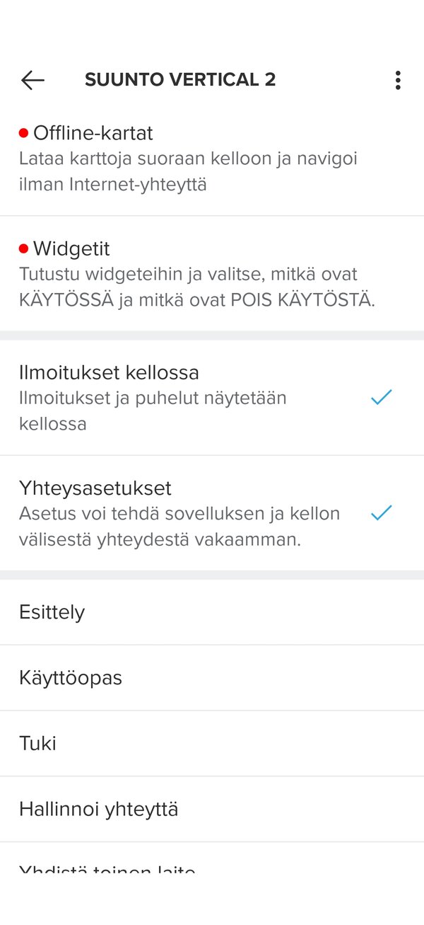 Suunnon sovelluksen asetusvalikoita 2/2