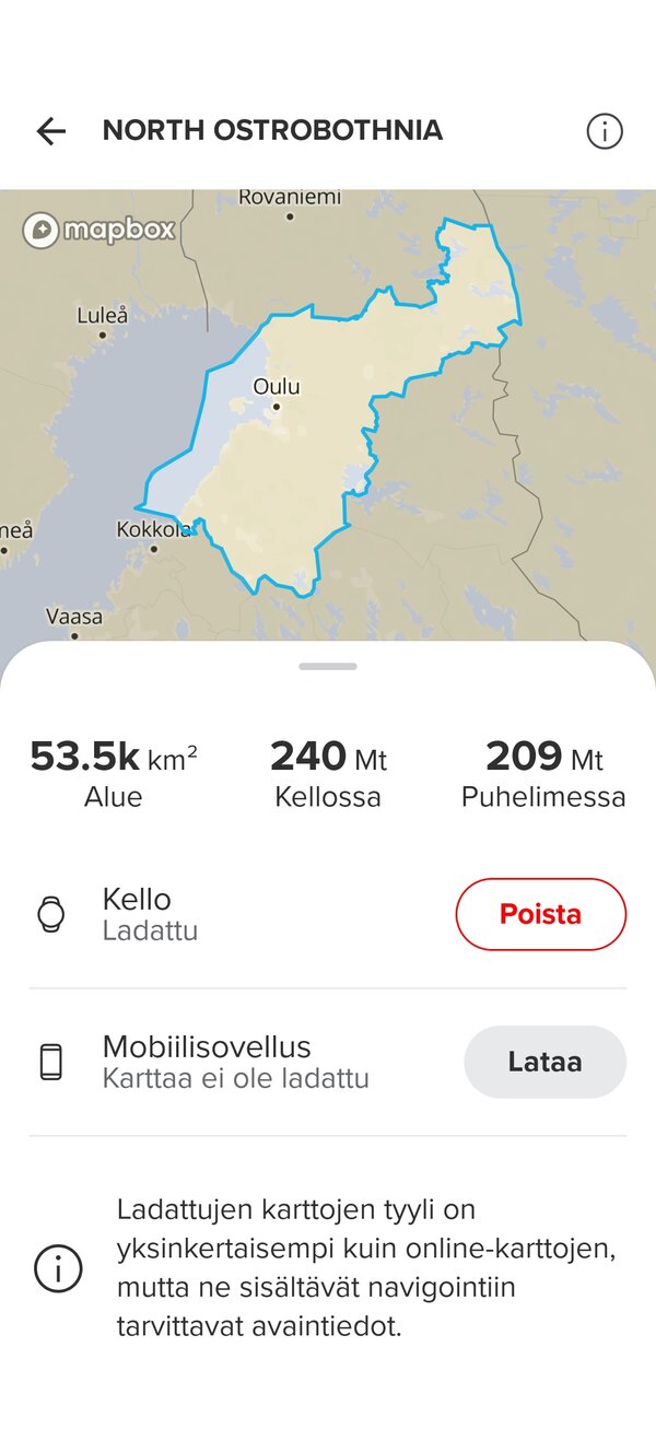 Karttojen lataus kelloon tapahtuu puhelimen sovelluksen kautta