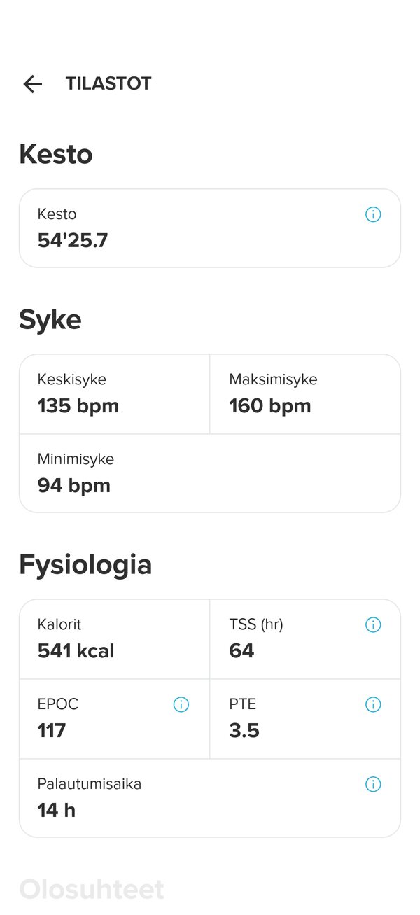Kiertoharjoitteluksi tallennetun treenin tiedot 1/2