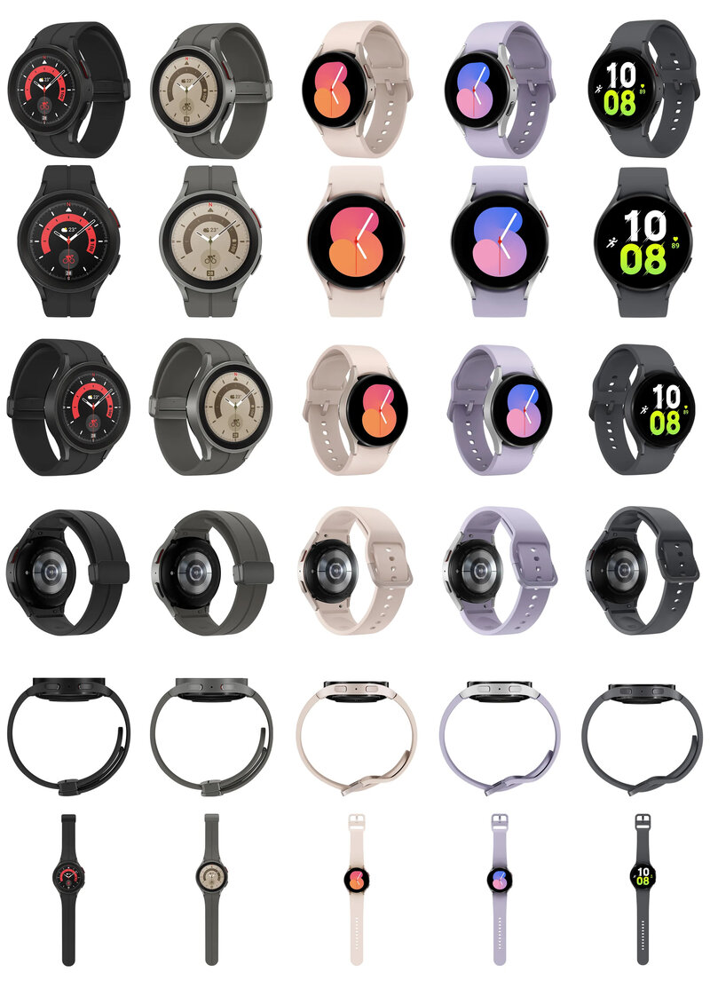 Galaxy Watch5 kellot eri kuvakulmista useassa värissä