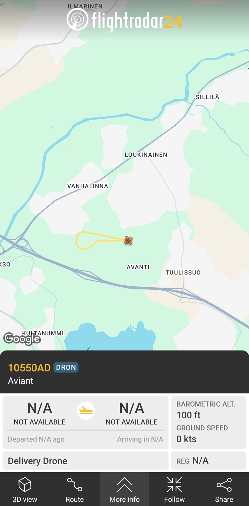 Aviant drone lentämässä Fligtradar24 kartalla
