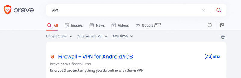 VPN mainos Brave hakukoneessa