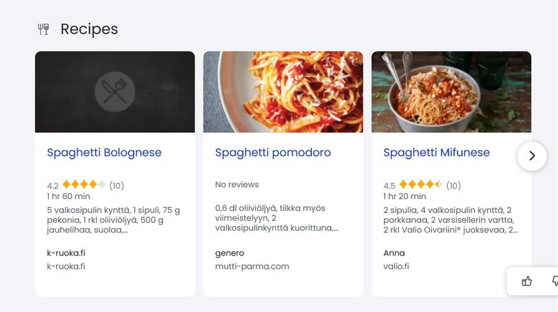 Brave hakukone näyttämässä suoraan tuloksissa spaghettin reseptejä