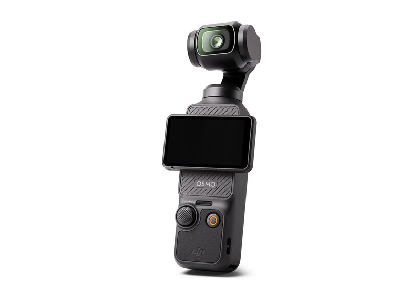 musta DJI Osmo Pocket 3 minikamera, jossa on kamera, kääntyvä näyttö ja kahva ohjaimineen
