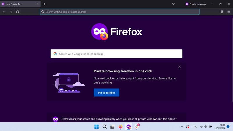Firefox ehdottaa yksityisen ikkunan kiinnittämistä tehtäväpalkkiin