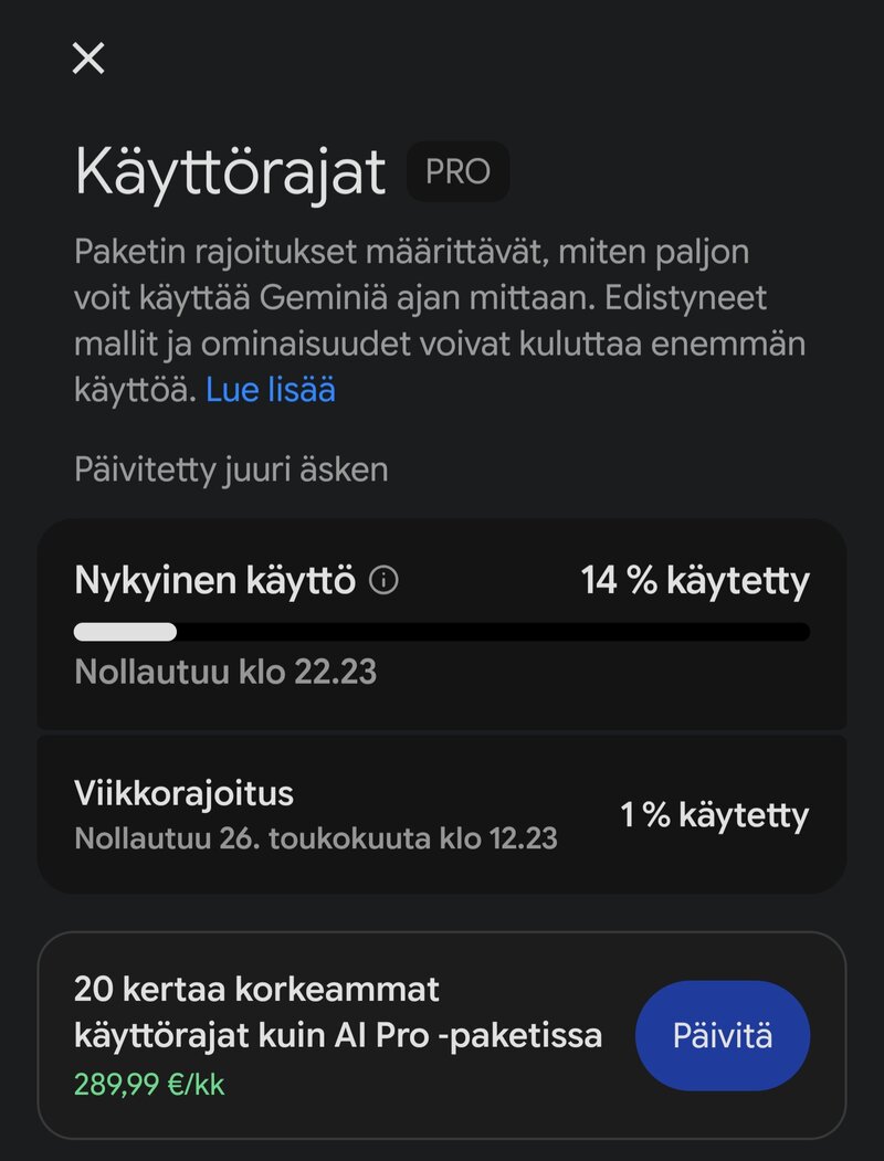 Geminin käyttörajat sovelluksessa