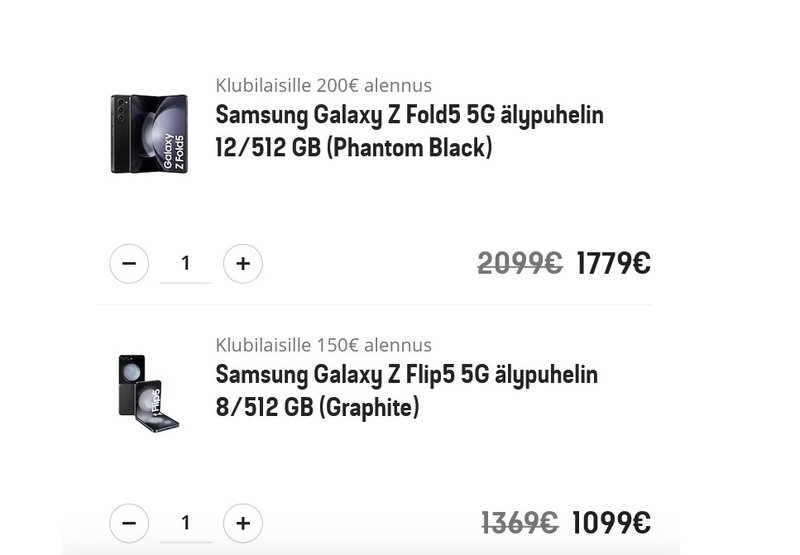 Samsung Galaxy Z Fold5 512 GB malli maksaa 1779 euroa 2099 euron sijaan ja Galaxy Z Flip5 512 GB malli 1099 euroa 1369 euron sijaan