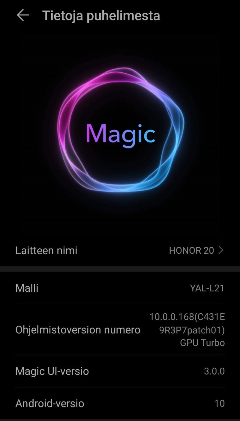 Honor 20 sai Android 10 päivityksen