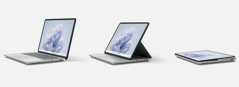 Surface Laptop Studio 2 kannettava kolmessa eri asennossa